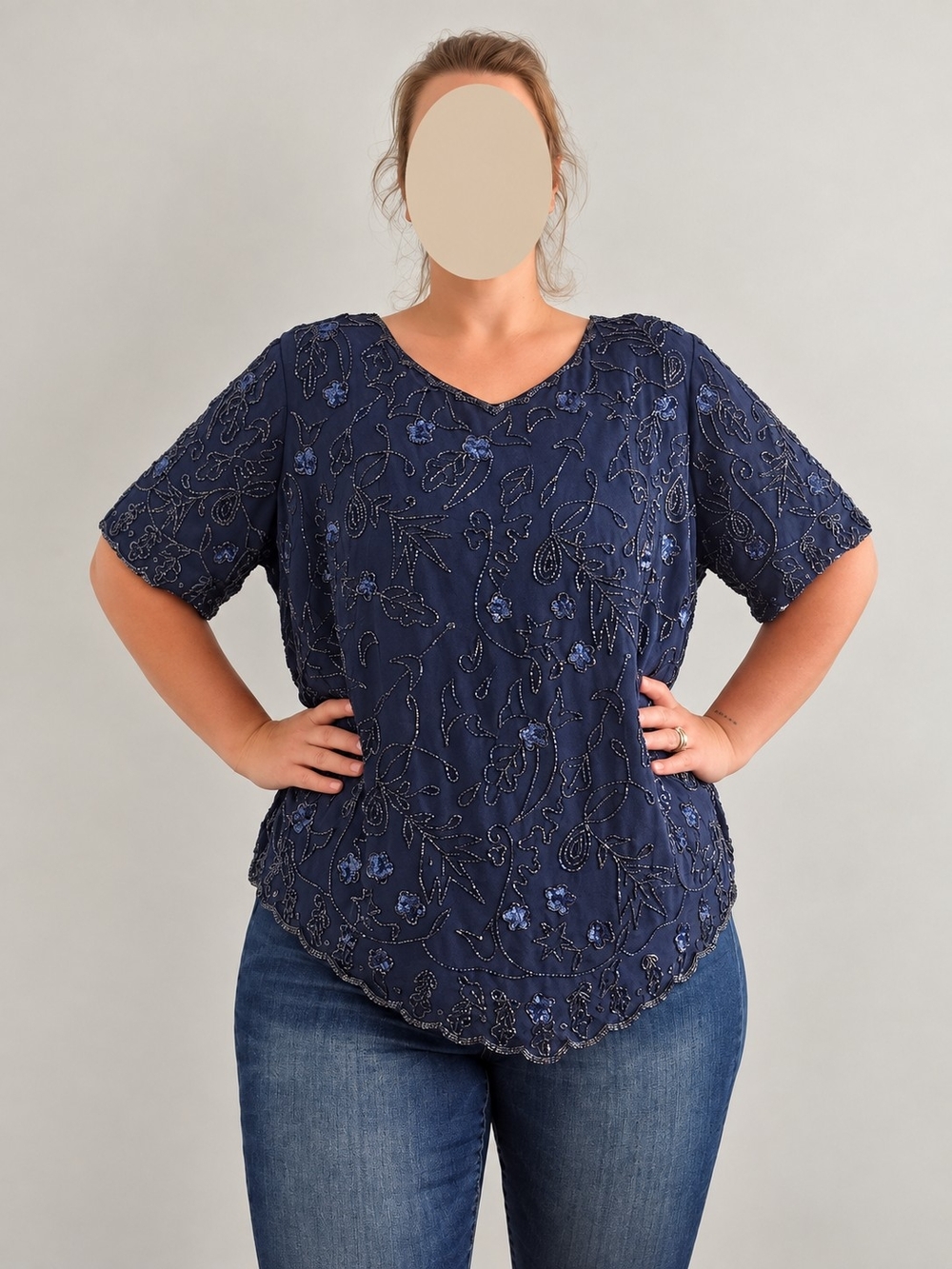 Roaman's Navy Beaded V-Neck Blouse